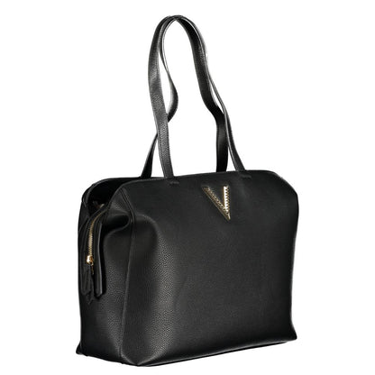 Shoulder Tote Convertible Handbag by Mario Valentino for women in faux leather black features a polished silhouette with a secure zipper, ample internal-pockets, and polished shoulder-strap & handle for a sophisticated look.