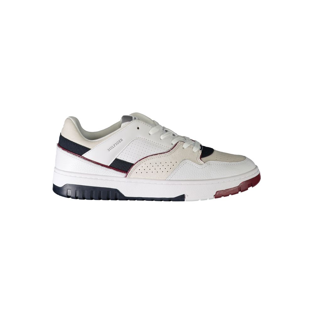Athletic Sneakers by Tommy Hilfiger for men in polyester polyethylene leather white features an architectural silhouette, showcasing the premium athletic style of the Men's Athletic Polyester Polyethylene Leather Sneakers with an architectural finish.