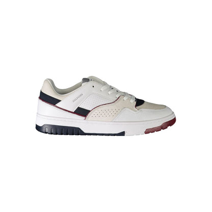 Athletic Sneakers by Tommy Hilfiger for men in polyester polyethylene leather white features an architectural silhouette, showcasing the premium athletic style of the Men's Athletic Polyester Polyethylene Leather Sneakers with an architectural finish.