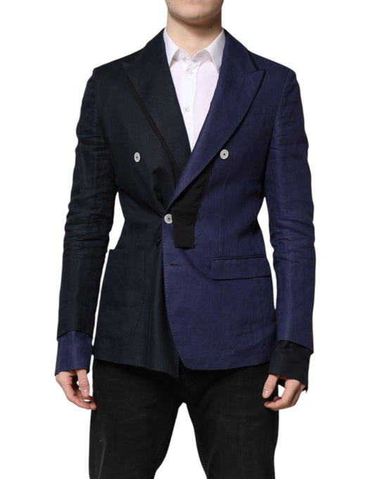 Dolce & Gabbana Men's Double Breasted Virgin Wool Silk Flax & Cotton Blazer - Navy