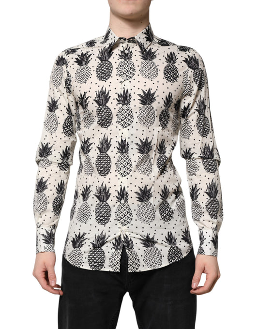 Dolce & Gabbana Men's Slim Long-Sleeve Cotton Shirt - Gold White Print