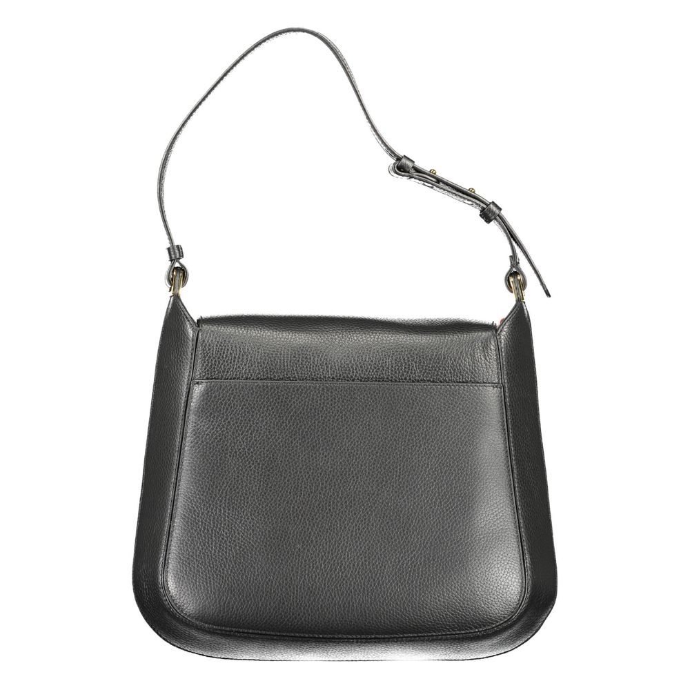 Shoulder Flap Handbag by Coccinelle for women in black, brown & gold features a ornamental silhouette, showcasing a secure flap, magnetic & turn-lock, ample document-holder, external-pockets & internal-pockets, and ornamental shoulder-strap, adjustable-strap & handle for a sophisticated look.