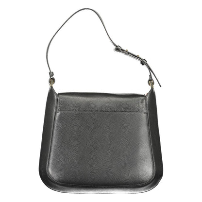 Shoulder Flap Handbag by Coccinelle for women in black, brown & gold features a ornamental silhouette, showcasing a secure flap, magnetic & turn-lock, ample document-holder, external-pockets & internal-pockets, and ornamental shoulder-strap, adjustable-strap & handle for a sophisticated look.