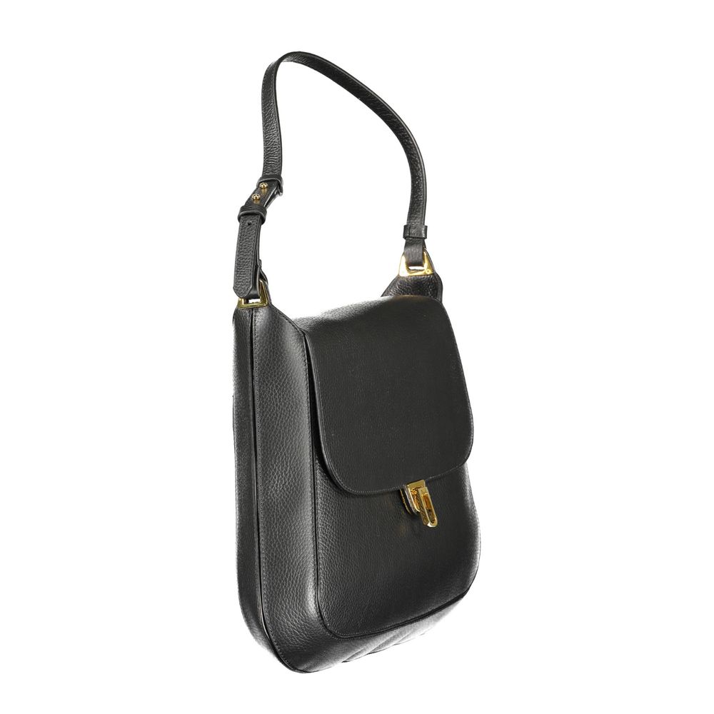 Shoulder Flap Handbag by Coccinelle for women in black, brown & gold presents a ornamental silhouette, showcasing a secure flap, magnetic & turn-lock, ample document-holder, external-pockets & internal-pockets, and versatile shoulder-strap, adjustable-strap & handle for a ornamental finish.