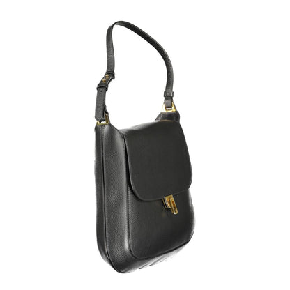 Shoulder Flap Handbag by Coccinelle for women in black, brown & gold presents a ornamental silhouette, showcasing a secure flap, magnetic & turn-lock, ample document-holder, external-pockets & internal-pockets, and versatile shoulder-strap, adjustable-strap & handle for a ornamental finish.
