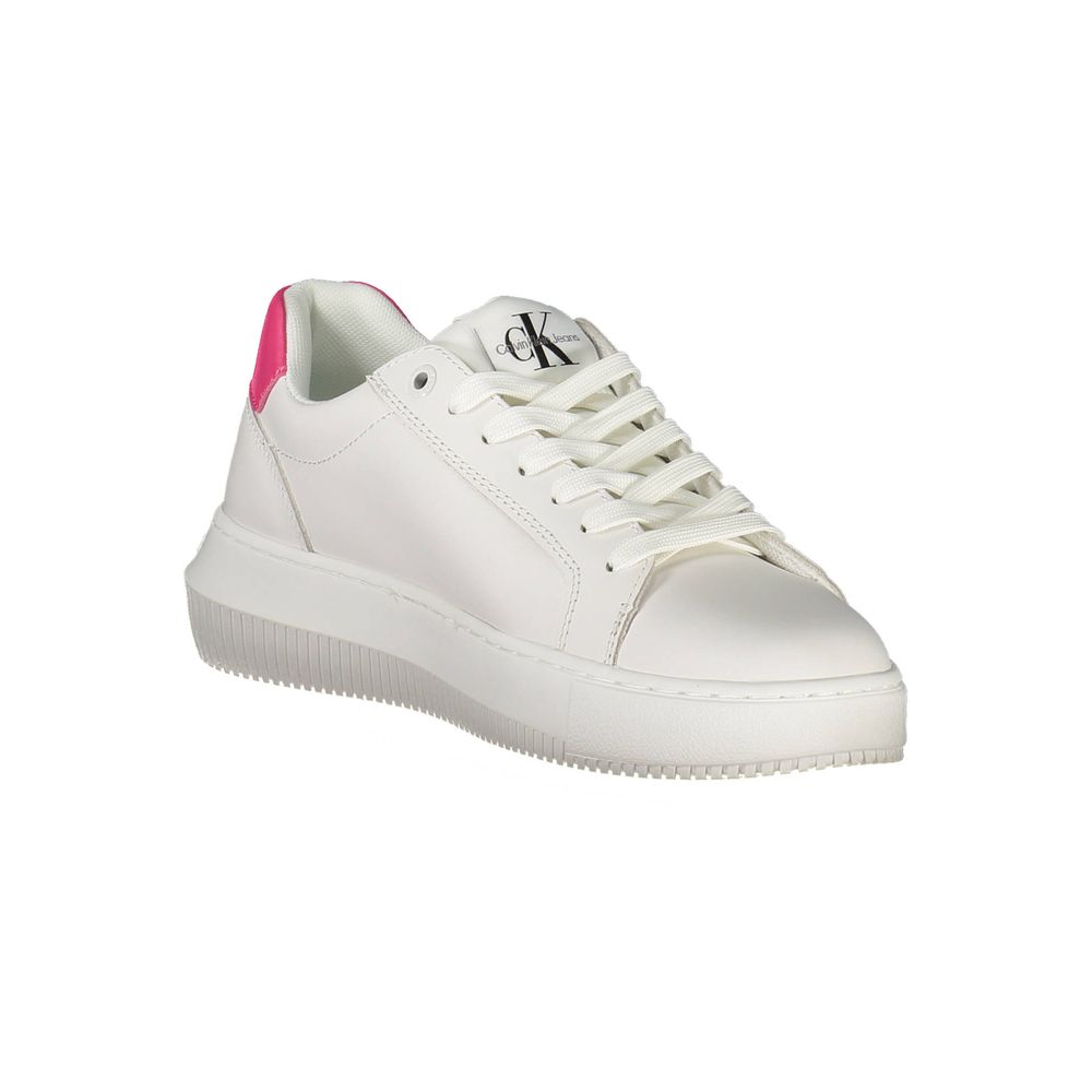Sneakers by Calvin Klein for women in polyester polyethylene leather white presents a sumptuous silhouette, artfully capturing the essence of the Women's Fashion Polyester Polyethylene Leather Sneakers with its sumptuous fashion style design.