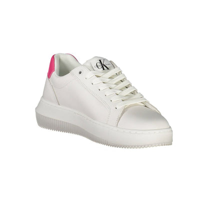 Sneakers by Calvin Klein for women in polyester polyethylene leather white presents a sumptuous silhouette, artfully capturing the essence of the Women's Fashion Polyester Polyethylene Leather Sneakers with its sumptuous fashion style design.