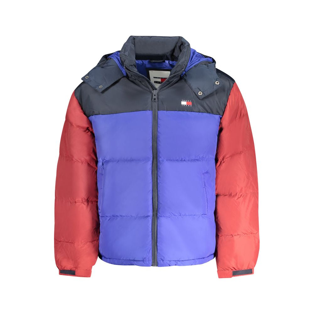 Hooded Jacket by Tommy Hilfiger for men in polyester blue & signature features a smart silhouette, perfectly accentuated by its unique hooded neckline and functional pockets & hooded for a smart finish.