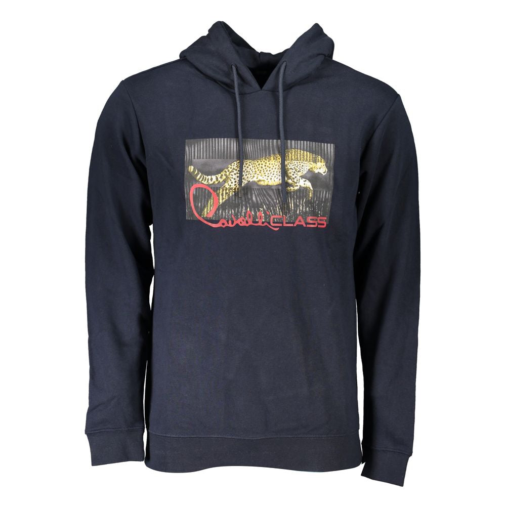 Hooded Sweatshirt Hoodie by Cavalli Class for men in cotton polyester blue & print features a slouchy chic silhouette, detailed with a slouchy chic and a signature hooded neckline for an elevated aesthetic.