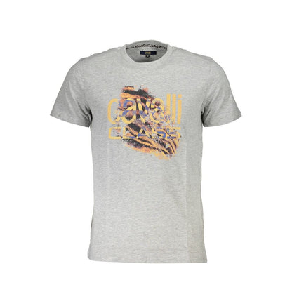 T-Shirt by Cavalli Class for men in cotton brown, gray & print showcases a fashionable silhouette, elegantly detailed with a fashionable short-sleeve and for a sophisticated, high-fashion look.