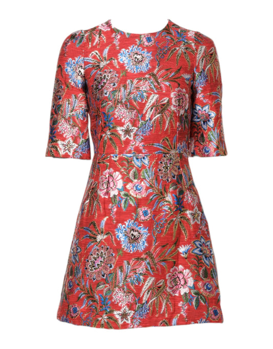 Dolce & Gabbana Women's A Line Polyester Cotton Nylon & Silk Mini Dress - Red Floral Jacquard