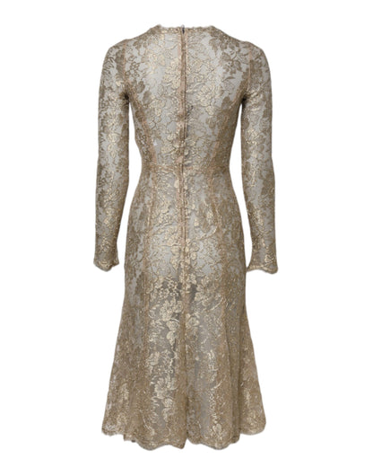 Dolce & Gabbana Gold Floral Lace Long Sleeves Fit & Flare Dress