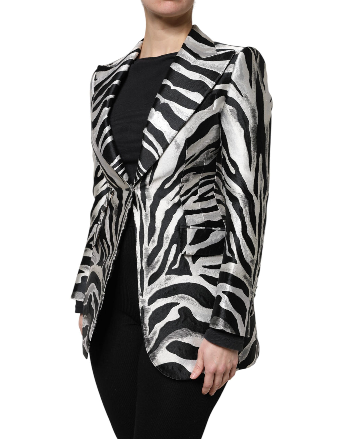 Dolce & Gabbana Women's Single Breasted Silk & Polyester Blazer - Black White Zebra
