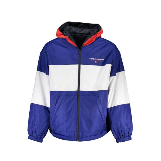 Hooded Windbreaker Jacket by Tommy Hilfiger for men in polyester blue, red & white presents a resilient silhouette, artfully detailed with a sophisticated hooded neckline and functional pockets, hooded & windproof for a resilient finish.