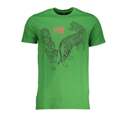 T-Shirt by Cavalli Class for men in cotton green & print features an edgy silhouette, meticulously detailed with a sophisticated and crew neckline for a truly edgy finish.
