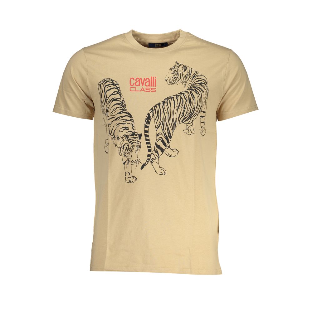 T-Shirt by Cavalli Class for men in cotton beige & print showcases a unassuming silhouette, artfully detailed with a refined crew neckline and unassuming for a sophisticated, contemporary look.