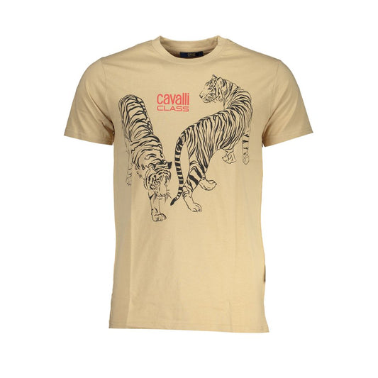 T-Shirt by Cavalli Class for men in cotton beige & print showcases a unassuming silhouette, artfully detailed with a refined crew neckline and unassuming for a sophisticated, contemporary look.