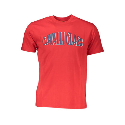 T-Shirt by Cavalli Class for men in cotton red & print showcases a chic silhouette, artfully detailed with a chic crew neckline and short-sleeve for a chic finish.
