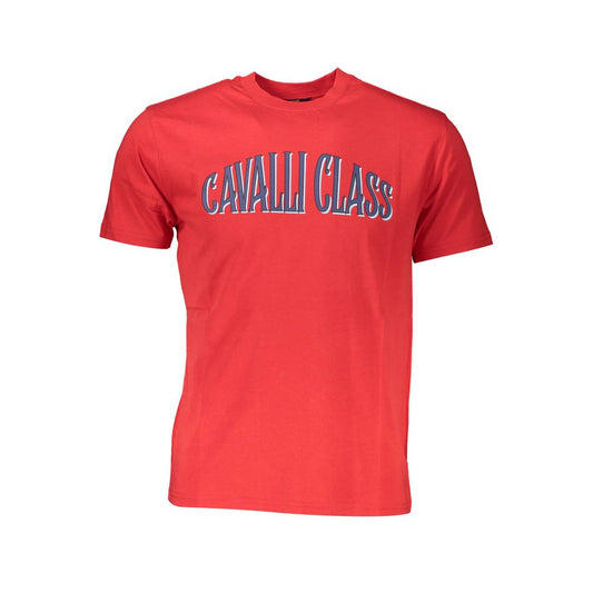 T-Shirt by Cavalli Class for men in cotton red & print showcases a chic silhouette, artfully detailed with a chic crew neckline and short-sleeve for a chic finish.