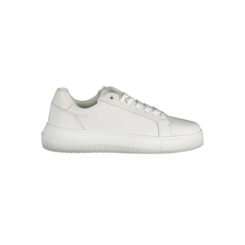 Sneakers by Calvin Klein for women in polyester leather white presents a sumptuous silhouette from the Crisp Women's Casual Polyester Leather Sneakers collection, showcasing a sumptuous casual style for an elevated aesthetic.