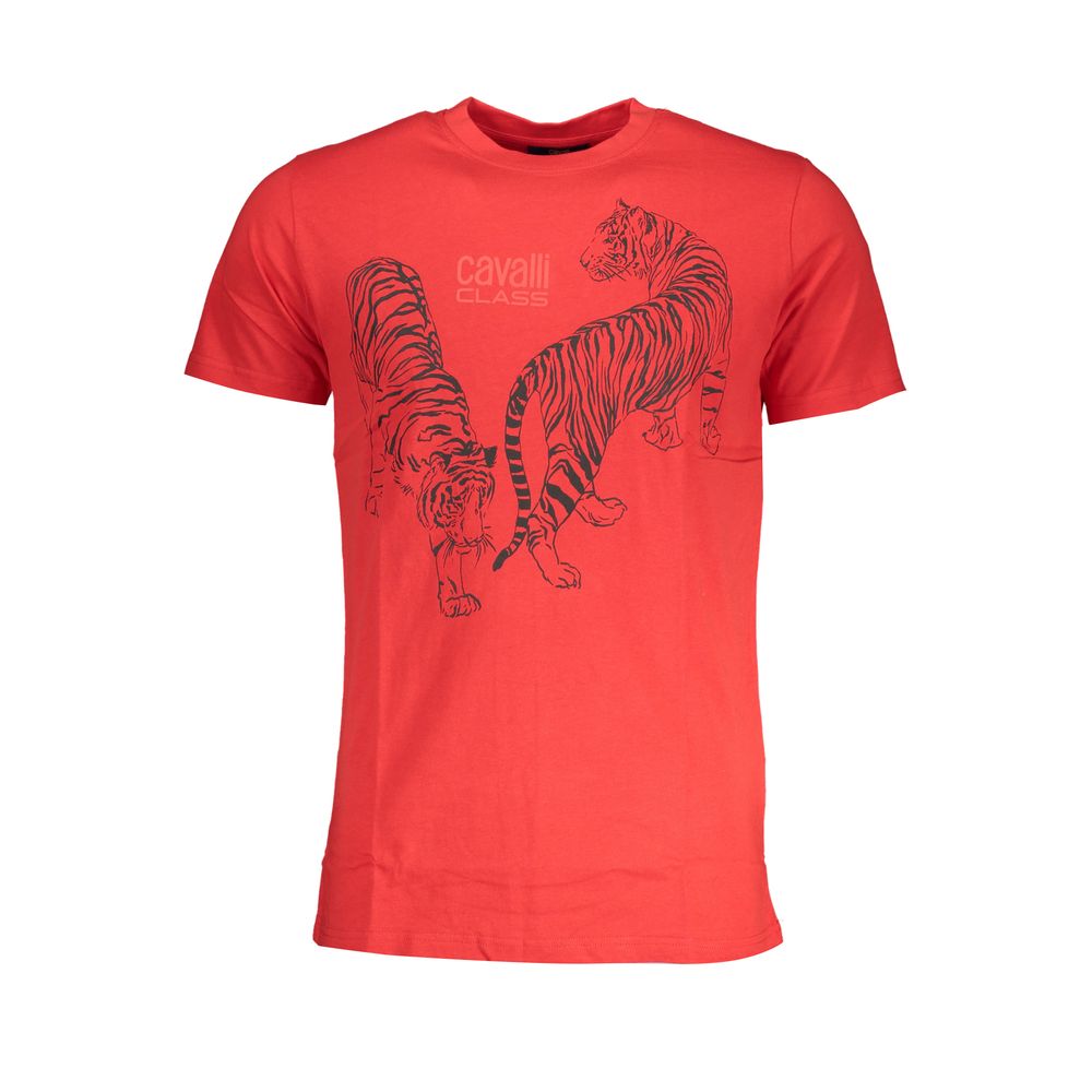 T-Shirt by Cavalli Class for men in cotton red & print features an edgy silhouette, meticulously detailed with a sophisticated and crew neckline for a truly edgy finish.
