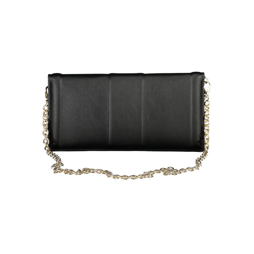 Evening Pouch Handbag by Mario Valentino for women in polyethylene black features a signature silhouette, showcasing a secure snap and signature document-holder & internal-pockets with versatile shoulder-strap & detachable-strap for a sophisticated look.