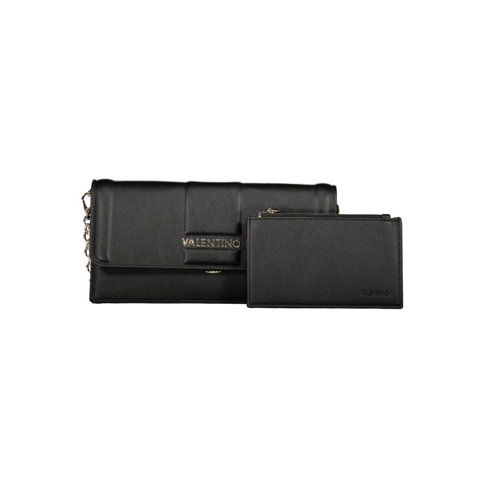 Evening Pouch Handbag by Mario Valentino for women in polyethylene black features an refined silhouette, showcasing a secure snap, ample document-holder & internal-pockets, and versatile shoulder-strap & detachable-strap for a sophisticated refined aesthetic.