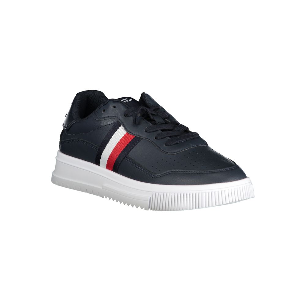 Sneakers by Tommy Hilfiger for men in polyester polyethylene leather blue presents a sumptuous silhouette, artfully capturing the essence of the Men's Fashion Polyester Polyethylene Leather Sneakers with its sumptuous fashion style design.