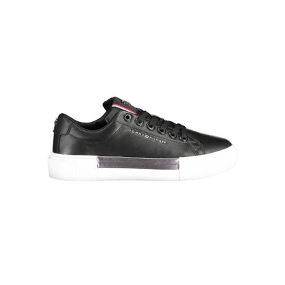 Sneakers by Tommy Hilfiger for women in leather cotton polyethylene black presents a sumptuous silhouette as Essence Women's Casual Leather Cotton Polyethylene Sneakers, expertly defined by a sumptuous casual style for a sumptuous, high-fashion look.