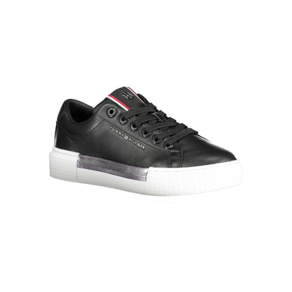 Sneakers by Tommy Hilfiger for women in leather cotton polyethylene black features an sumptuous design from the Essence Women's Casual Leather Cotton Polyethylene Sneakers collection, highlighting a sumptuous casual style for a premium, high-fashion look.