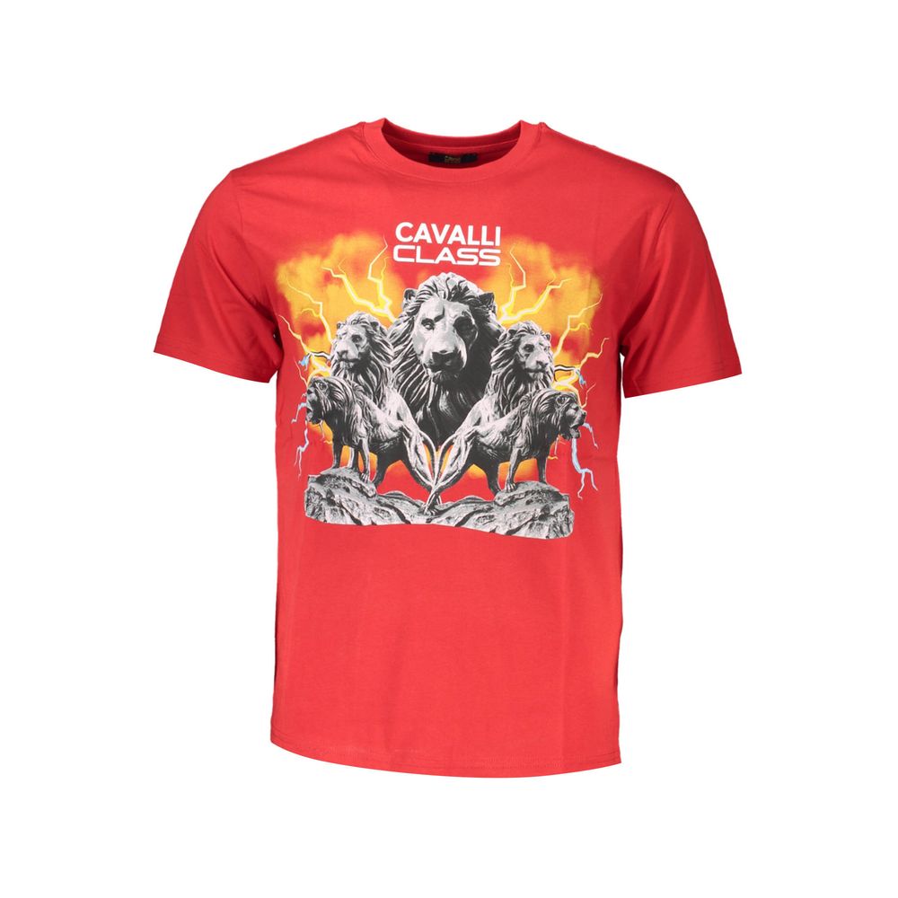 T-Shirt by Cavalli Class for men in cotton red & print showcases a dramatic silhouette, elegantly detailed with a dramatic crew neckline and short-sleeve for a truly dramatic finish.