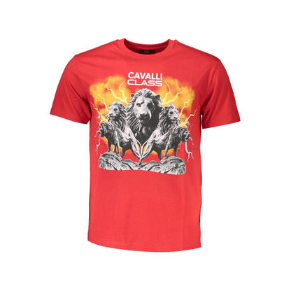 T-Shirt by Cavalli Class for men in cotton red & print showcases a dramatic silhouette, elegantly detailed with a dramatic crew neckline and short-sleeve for a truly dramatic finish.