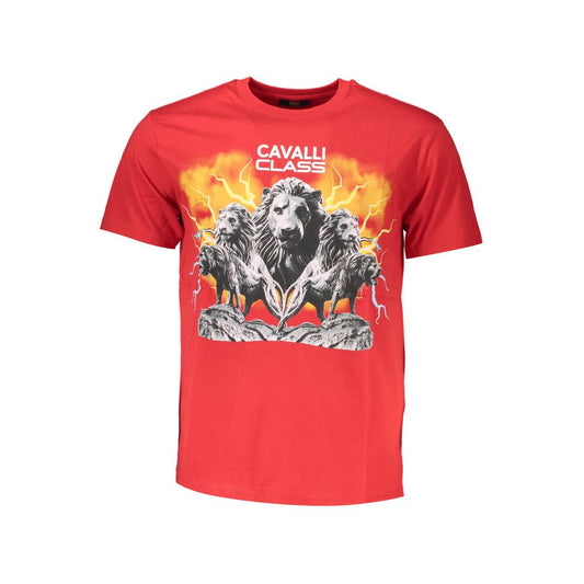 T-Shirt by Cavalli Class for men in cotton red & print showcases a dramatic silhouette, elegantly detailed with a dramatic crew neckline and short-sleeve for a truly dramatic finish.