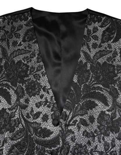 Dolce & Gabbana Black Gray Brocade Formal Men Waistcoat Vest