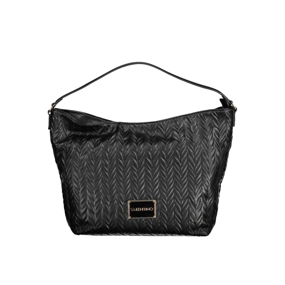 Hobo Clutch Convertible Handbag by Mario Valentino for women in polyethylene faux leather black, patterned & chevron presents a exquisite silhouette, showcasing a secure zipper and organized internal-pockets with versatile shoulder-strap, adjustable-strap & handle.