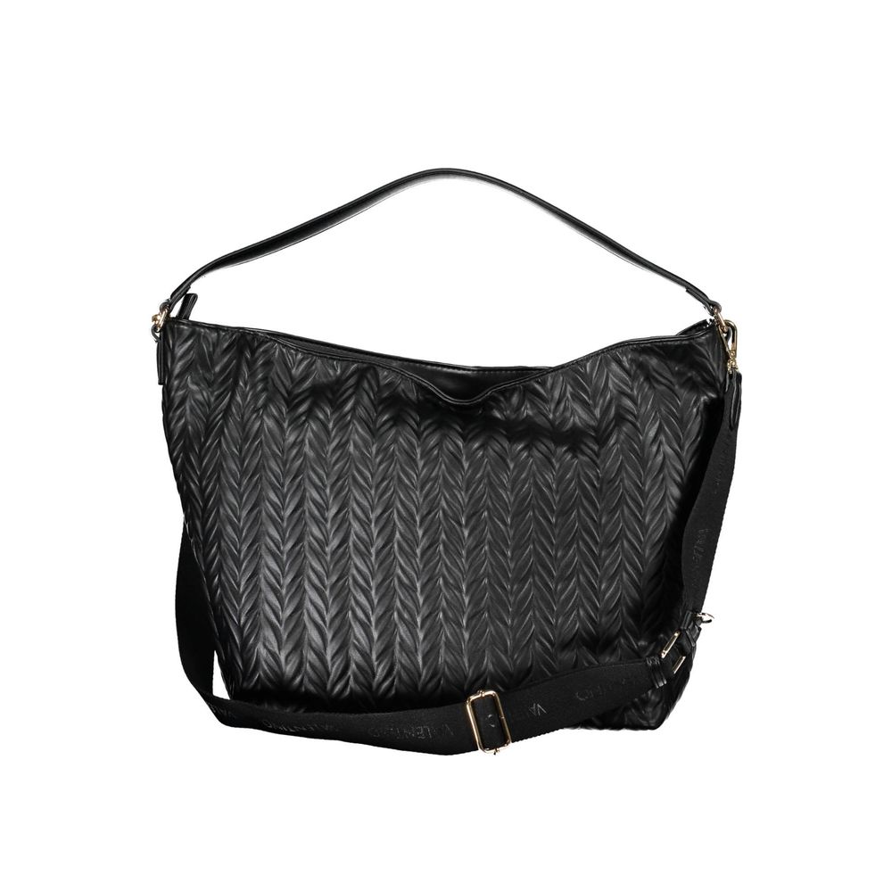 Hobo Clutch Convertible Handbag by Mario Valentino for women in polyethylene faux leather black, patterned & chevron features an exquisite silhouette, showcasing a secure zipper, ample internal-pockets, and exquisite shoulder-strap, adjustable-strap & handle for a sophisticated finish.
