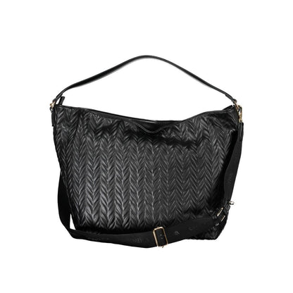 Hobo Clutch Convertible Handbag by Mario Valentino for women in polyethylene faux leather black, patterned & chevron features an exquisite silhouette, showcasing a secure zipper, ample internal-pockets, and exquisite shoulder-strap, adjustable-strap & handle for a sophisticated finish.