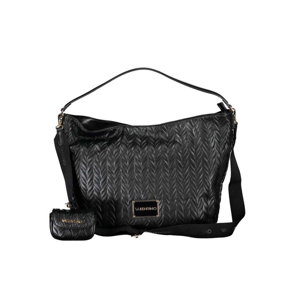 Hobo Clutch Convertible Handbag by Mario Valentino for women in polyethylene faux leather black, patterned & chevron features an exquisite silhouette, showcasing a secure zipper, ample internal-pockets, and versatile shoulder-strap, adjustable-strap & handle for exquisite style.
