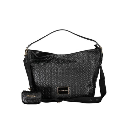 Hobo Clutch Convertible Handbag by Mario Valentino for women in polyethylene faux leather black, patterned & chevron features an exquisite silhouette, showcasing a secure zipper, ample internal-pockets, and versatile shoulder-strap, adjustable-strap & handle for exquisite style.