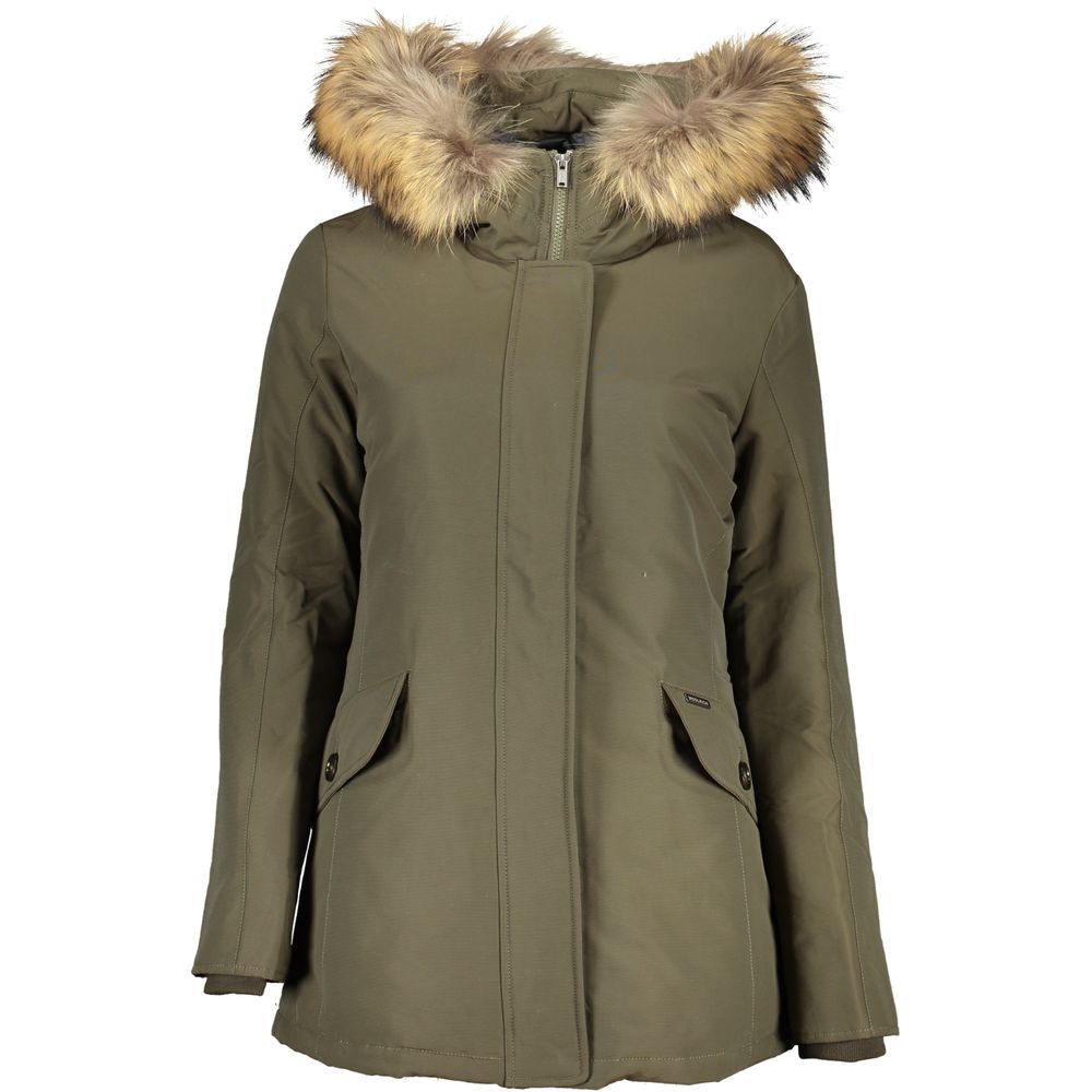Hooded Jacket by Woolrich for women in cotton & fur green features a smart silhouette, perfectly accentuated by its unique hooded neckline and functional pockets & hooded for a smart finish.