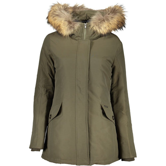 Hooded Jacket by Woolrich for women in cotton & fur green features a smart silhouette, perfectly accentuated by its unique hooded neckline and functional pockets & hooded for a smart finish.