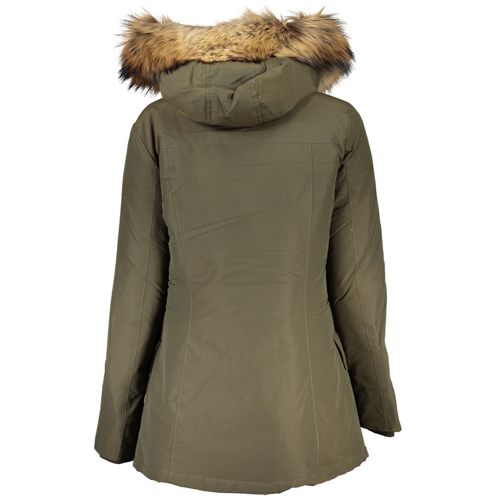 Hooded Jacket by Woolrich for women in cotton & fur green features a smart silhouette, perfectly accentuated by its unique and functional pockets & hooded for a smart finish.