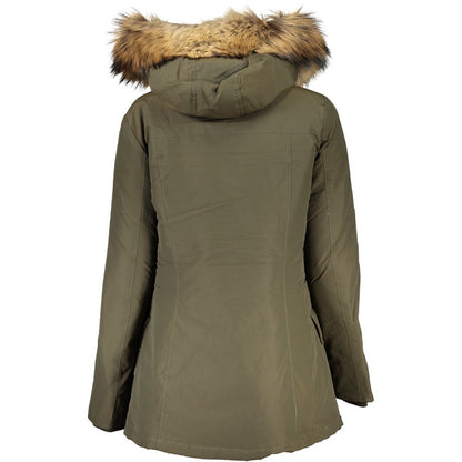 Hooded Jacket by Woolrich for women in cotton & fur green features a smart silhouette, perfectly accentuated by its unique and functional pockets & hooded for a smart finish.