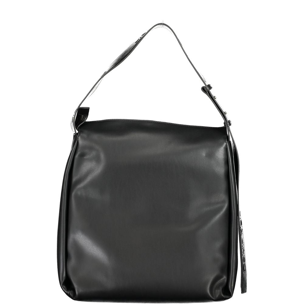 Large Convertible Handbag by Calvin Klein for women in polyester faux leather black presents a exquisite silhouette, showcasing a secure zipper and organized internal-pockets with versatile shoulder-strap, adjustable-strap & handle.