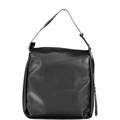 Large Convertible Handbag by Calvin Klein for women in polyester faux leather black presents a exquisite silhouette, showcasing a secure zipper and organized internal-pockets with versatile shoulder-strap, adjustable-strap & handle.