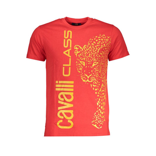 T-Shirt by Cavalli Class for men in cotton red & print showcases a chic silhouette, artfully detailed with a chic crew neckline and short-sleeve for a chic finish.
