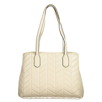 Handbag by Mario Valentino for women in polyethylene beige & signature features a ornamental silhouette, showcasing a secure zipper & magnetic, ample internal-pockets, and ornamental handle for a sophisticated look.