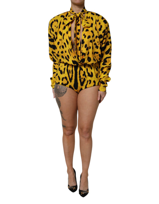 Dolce & Gabbana Women's Long-Sleeve Silk & Polyester Dress - Yellow Leopard Print Print