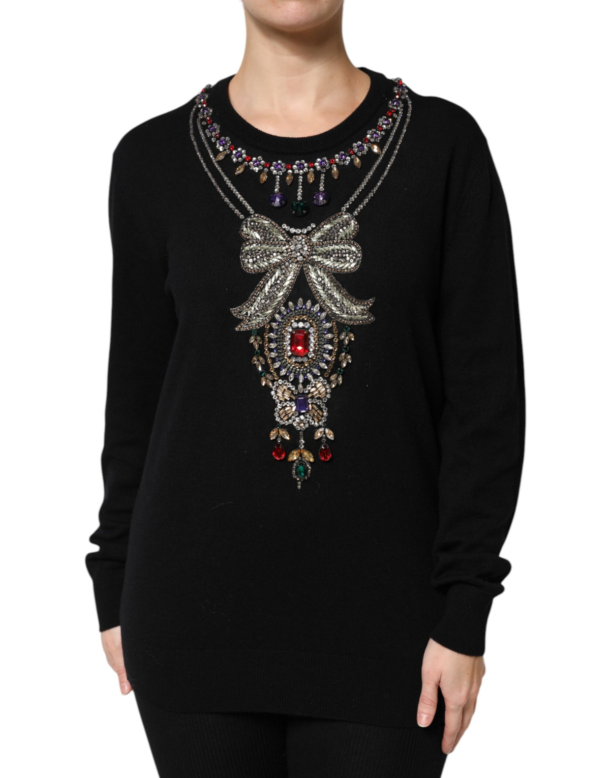 Dolce & Gabbana Women's Crew Neck Cashmere & Crystal Sweater - Black Multicolor