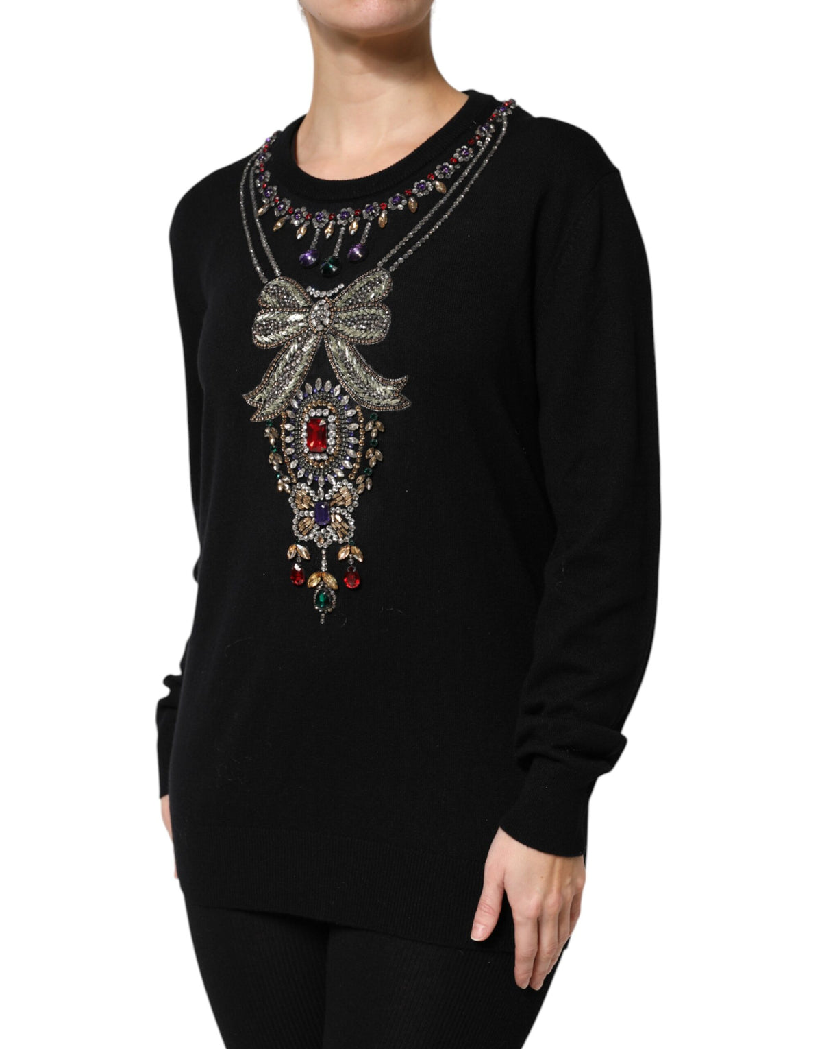 Dolce & Gabbana Women's Crew Neck Cashmere & Crystal Sweater - Black Multicolor